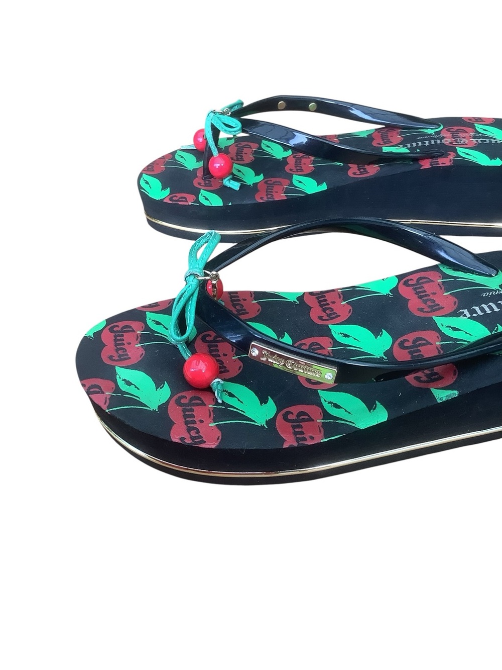 Juicy Couture Cherry Print Platform Flip Flops Size 6 Y2K Glam Wedge Sandals - Picture 4 of 6